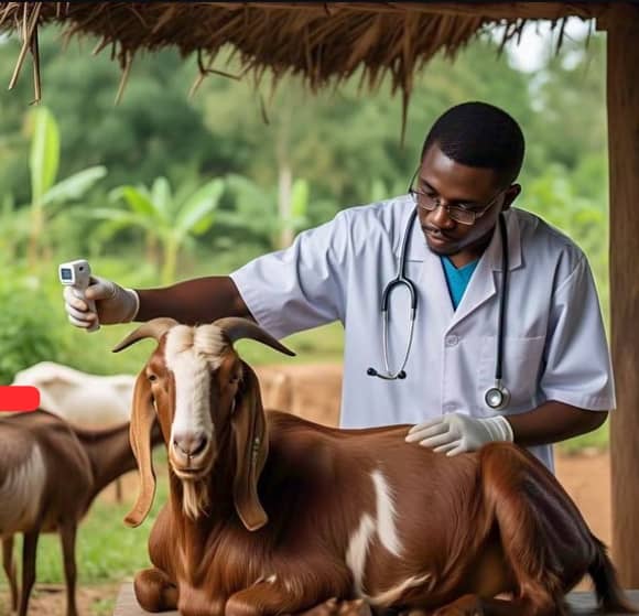a man holding a body thermometer to a goat probably a vet doctor check farm animal diseases