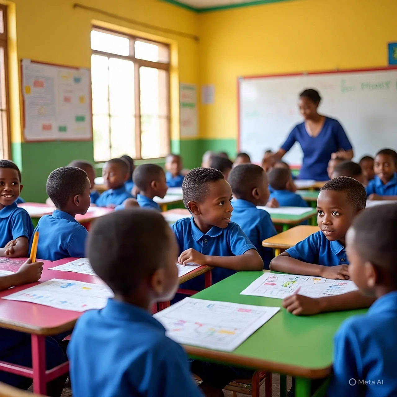 A bright Nigerian classroom with happy pupils revising math with their teacher, colourful number charts and counting sticks on tables, cheerful atmosphere, realistic and child-friendly.